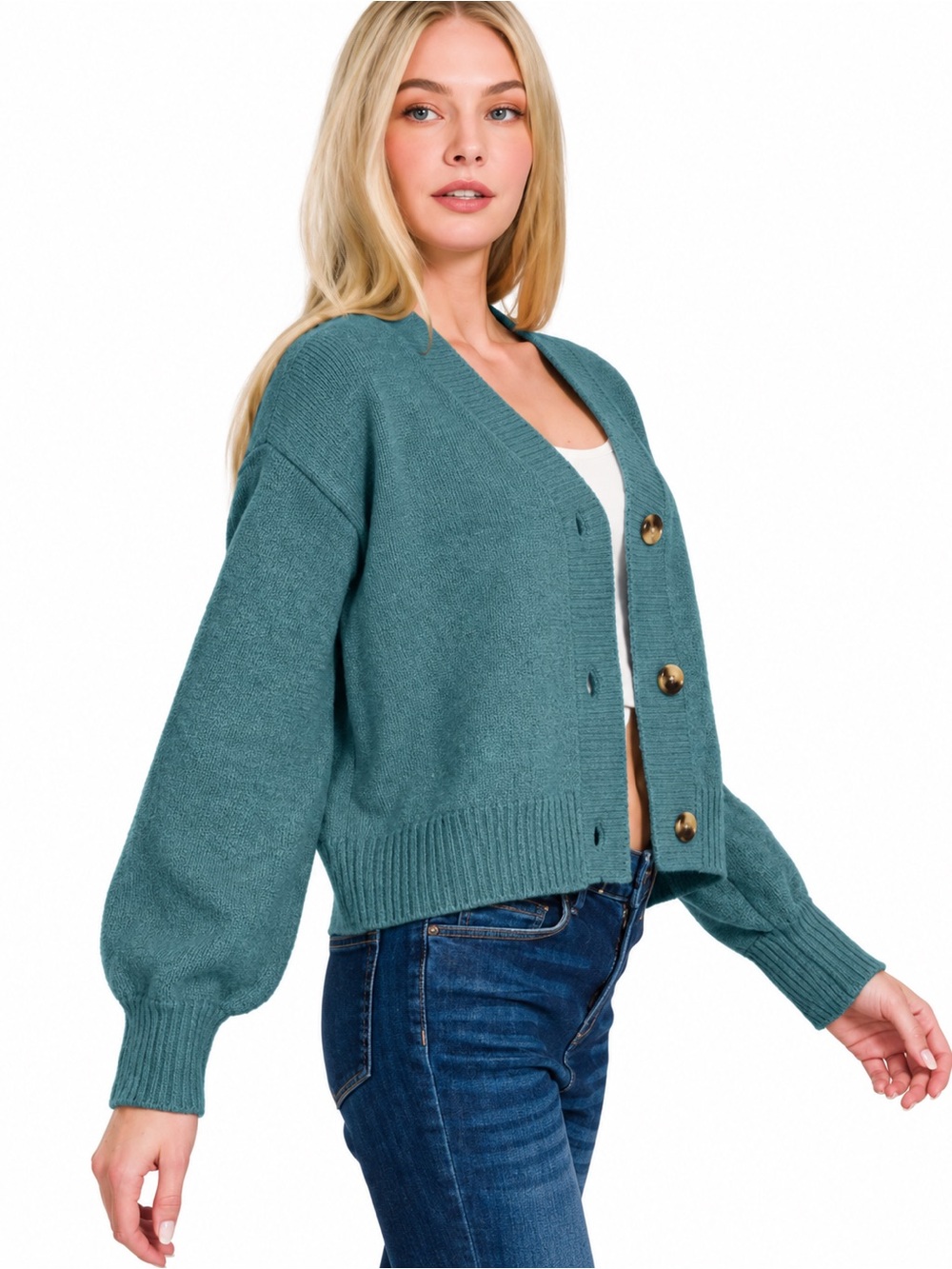 Zenana Outfitters Teal Button-Front Cropped V-Neck Cardigan